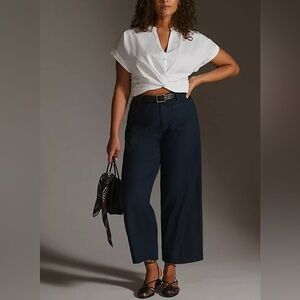 Anthropologie Maeve Colette European Linen Stretch Wide Leg Pants Navy Size 14